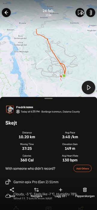 Karta över en löprunda på 10,20 km i Borlänge kommun med data om tid, kaloriförbrukning, puls och genomsnittlig hastighet.
