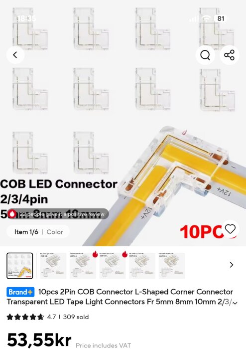 10-pack COB LED-anslutningar, L-formade, transparenta med gula och grå kablar, 2/3/4-pin, för LED-tejp 5mm, 8mm, 10mm.