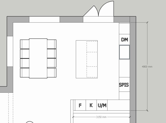 Ritning av kök och matsal med köksö, matbord, spis, diskmaskin och skåp. Integrerade kyl/frys och ugn/mikro i högskåp. 4900x3150 mm.