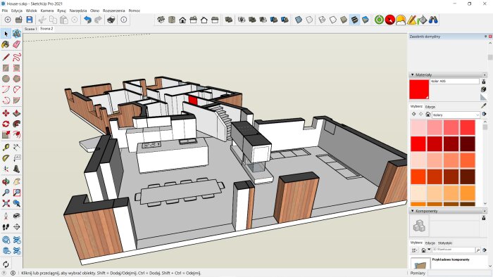 3D-modell i SketchUp som visar en våning med inredning inklusive kök och matsal, designad med trämaterial och neutrala färger.