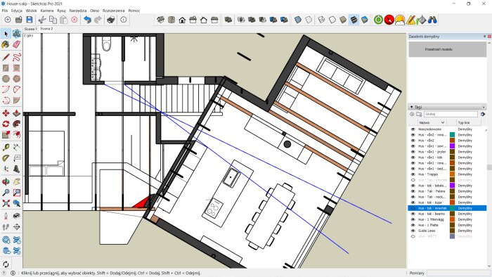 Ritning gjord i SketchUp som visar en interiörplan av ett hus med kök, matsal och trappa. Gränssnittet i SketchUp Pro 2021 är synligt.