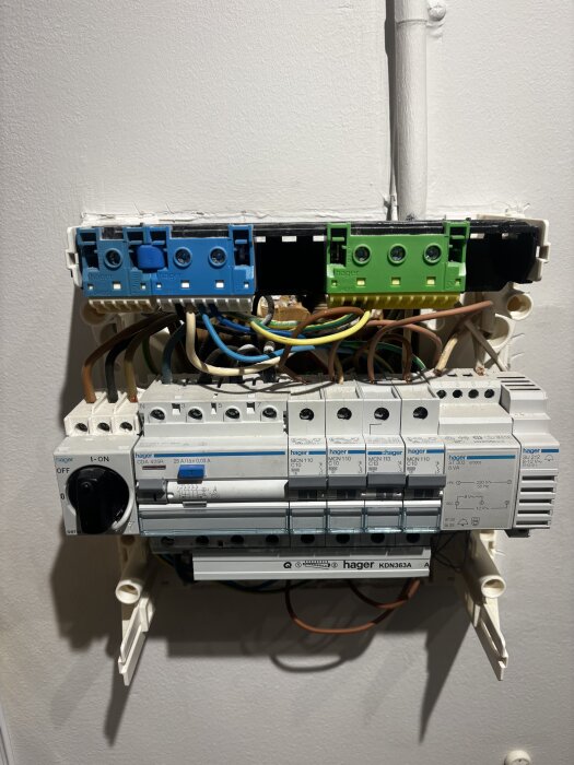 Elcentral med exponerade kablar och säkringar, visar installation av trefas och olika grupper.