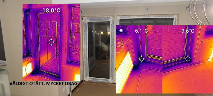 Värmekamera visar otäta områden vid fönster och altandörr. Temperaturer synliga: 18,0°C, 6,1°C, 9,6°C. Text på bilden: "VÄLDIGT OTÄTT, MYCKET DRAG".