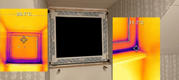 Värmekamera visar temperaturvariationer runt nyinstallerat fönster; grå skena och dålig tätning synliga.