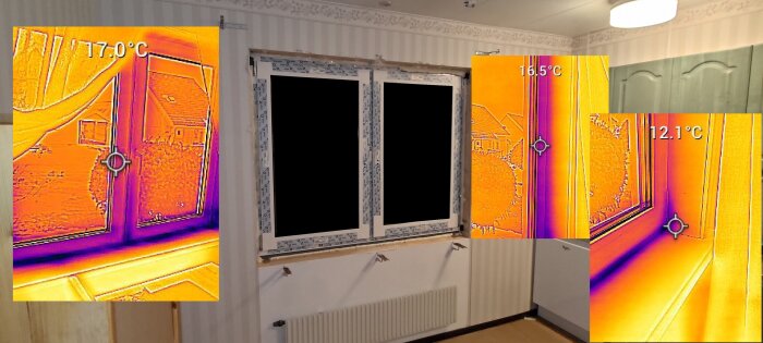 Värmekameraavbildningar visar temperaturvariationer runt nyligen monterade fönster, med synliga köldbryggor och otillräcklig tätning i botten av karmarna.