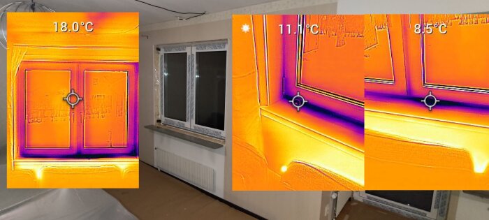 Termofotografier visar kalla områden vid fönster som nyligen bytts ut, vilket indikerar potentiella köldbryggor och bristande isolering.