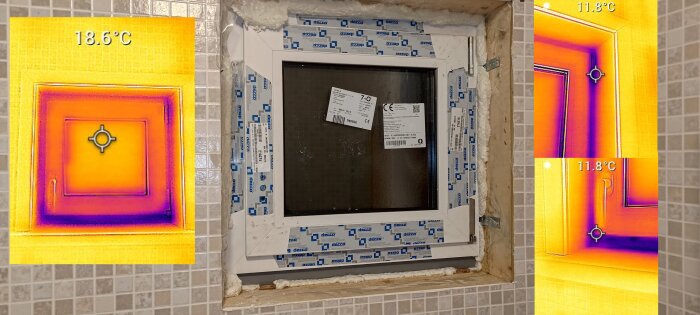 Värmekamera visar temperaturvariation vid nyinstallerat PVC-fönster med synlig transportskena och tejp, indikerar potentiella kallrasproblem.