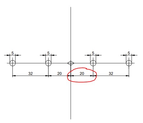 Ritning av hålavstånd för gångjärn på en skåplucka, visar mått 8mm, 32mm och 20mm med en röd markering runt "20mm".