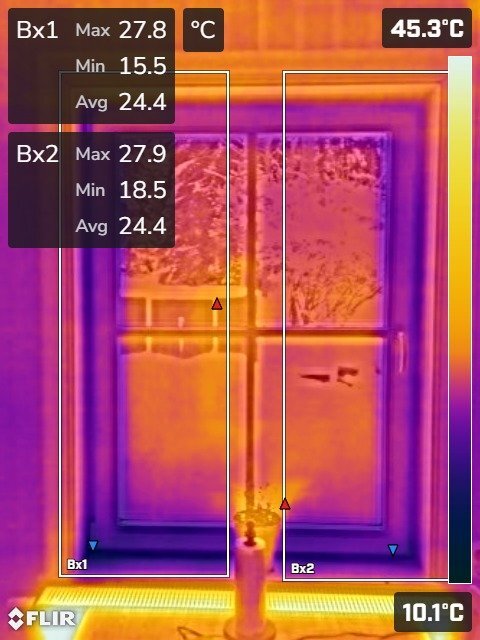 Termografisk bild av ett fönster visar temperaturvariationer. Numrerade zoner indikerar max, min och medeltemperaturer på olika punkter.
