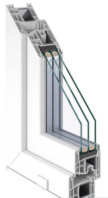 Tvärsnitt av ett PVC-fönster med trippelglas och isolerande karm.