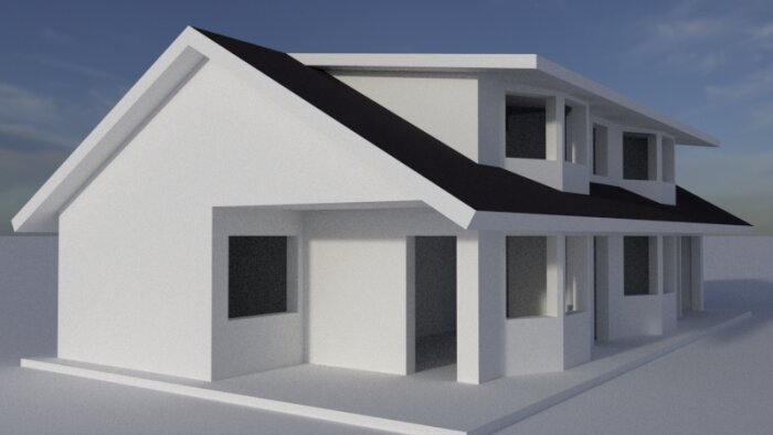 Vit 3D-modell av ett tvåvåningshus med stora fönster och ett sluttande tak, i ett minimalistiskt och modernt utförande.