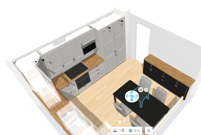 3D-översikt av ett kök designat i IKEAs kökskonfigurator, visar grå skåp, spishäll, köksbord och stolar i en öppen planlösning.