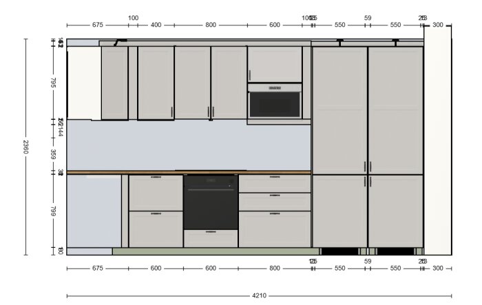 Köksdesign från IKEA:s konfigurator med skåp, ugn, mikrovågsugn, och kyl/frys mot en vägg. Skåpen är grå med svarta handtag.