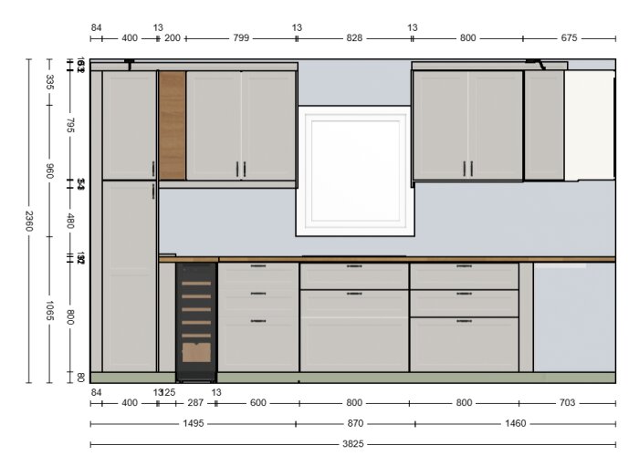 Köksdesign från IKEAs kökskonfigurator med skåp, kyl/frys, arbetsbänk och fönster, inklusive måttangivelser.