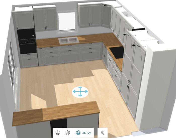 3D-modell av ett kök med grå skåp, träbänk, dubbelt fönster ovanför diskhon och inbyggd ugn.