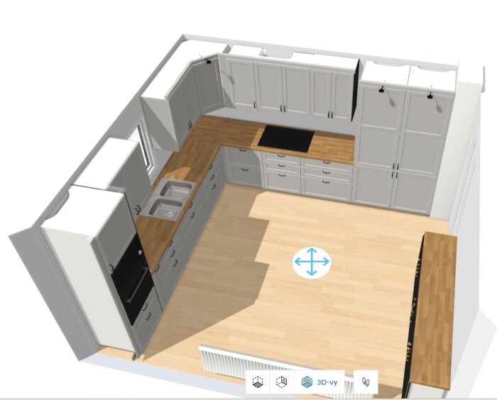 3D-ritning av ett kök i U-form med vita skåp, träbänkskivor, spishäll, diskho, och ugn.