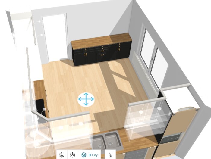 3D-vy av kökslayout alternativ 2 med svarta skåp, träbänkskiva och vitmålat rum med trälaminatgolv.