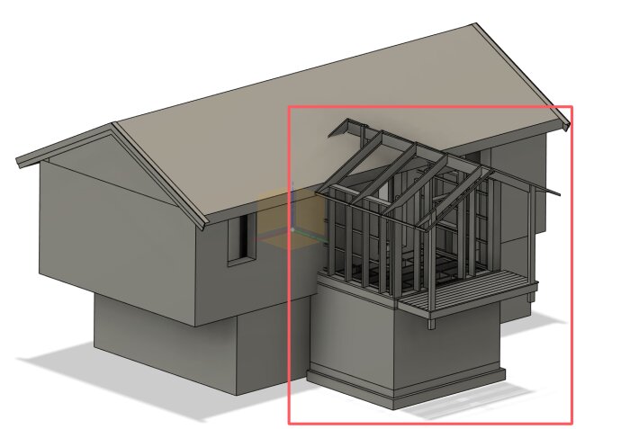 3D-modell av planerad utbyggnad med farstu och källare, med takstolar och detaljrik stomkonstruktion intill befintligt hus.