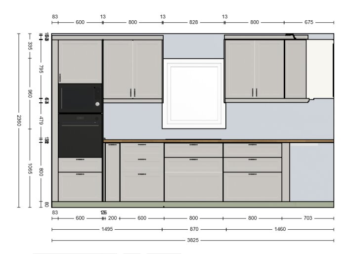 Köksritning med vitrin- och underkåp, ugn och diskmaskin. Måttangivelser längs sidorna. Alternativ layout för köksdesign.