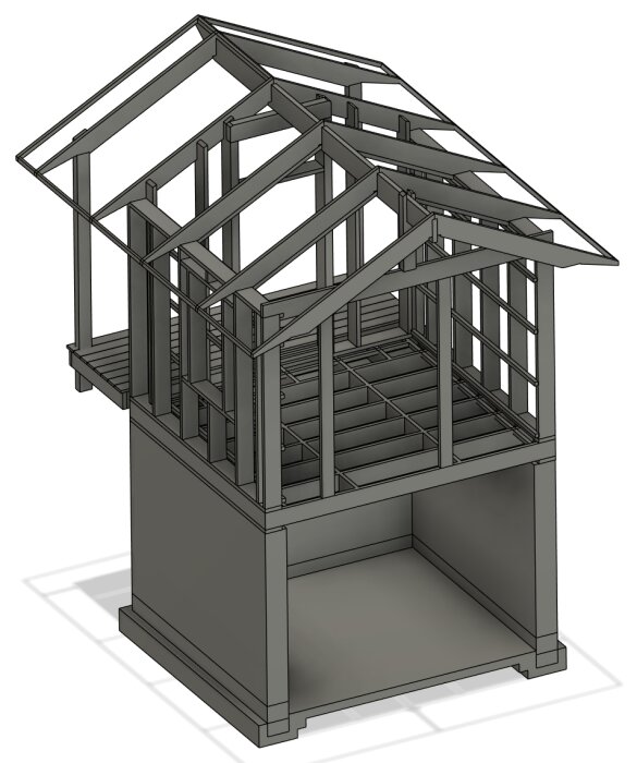 3D-modell av ett planerat byggprojekt, visar en mindre utbyggnad med källare och takstolar. Strukturen har öppna väggar och ett tak med nockbalk.