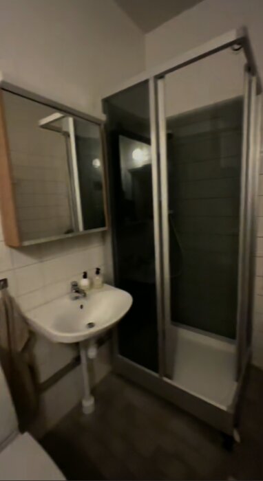 Badrum med duschkabin och handfat vid spegel.