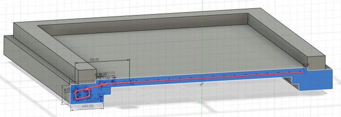3D-modell av byggnadsfundament med mått, synlig armering och sektioner för platta och kantbalk.