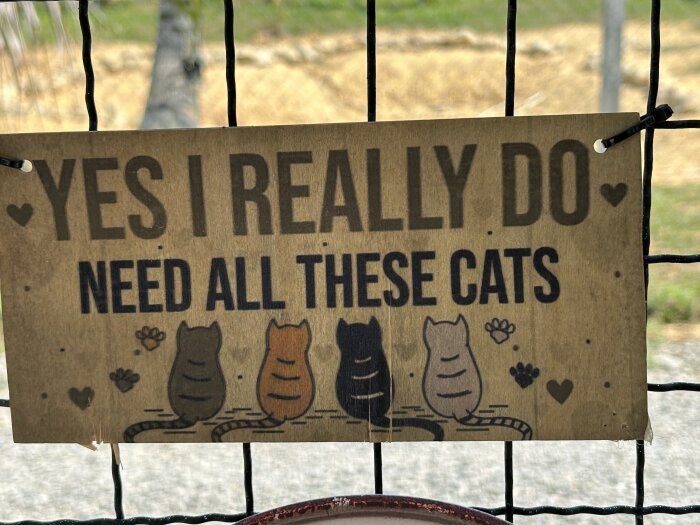 Skylt med texten "Yes I really do need all these cats" och illustrationer av fyra katter bakifrån, fäst på stängsel.
