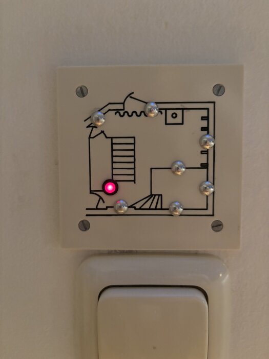 Väggmonterad kontrollpanel med en planritning och en röd lysdiod som visar aktiv position, ovanför en ljusströmbrytare.
