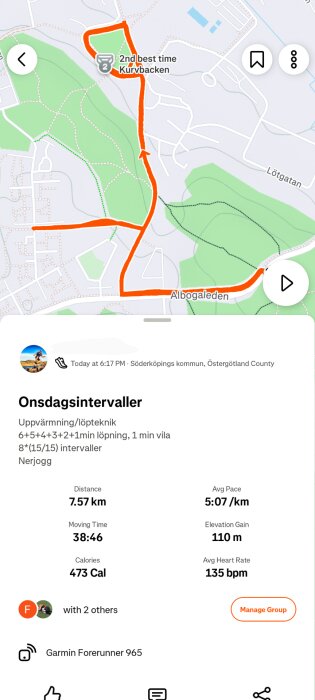 Karta över en löprunda på 7,57 km med detaljer som distans, tid, medelhastighet och kaloriförbrukning, med start i Söderköpings kommun.