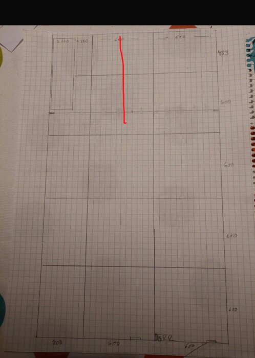 Ritning på millimeterpapper med klinkerlayout och måttangivelser. En röd linje markerar en sektion vid avlång golvbrunn.