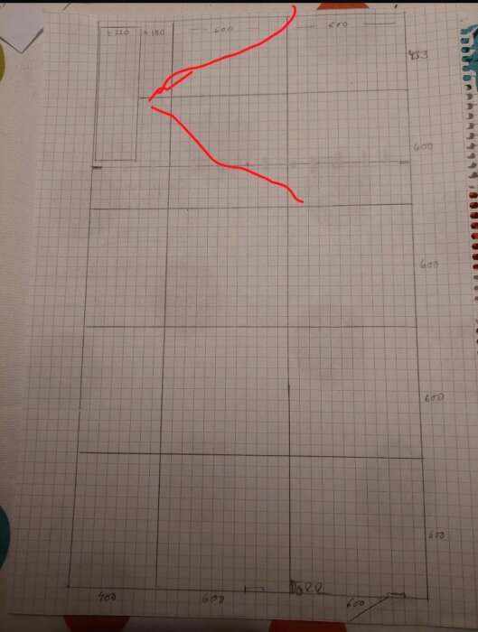 Ritning på rutat papper visar klinkerfördelning i badrum med avlång golvbrunn och röd skiss för möjliga skärningar.