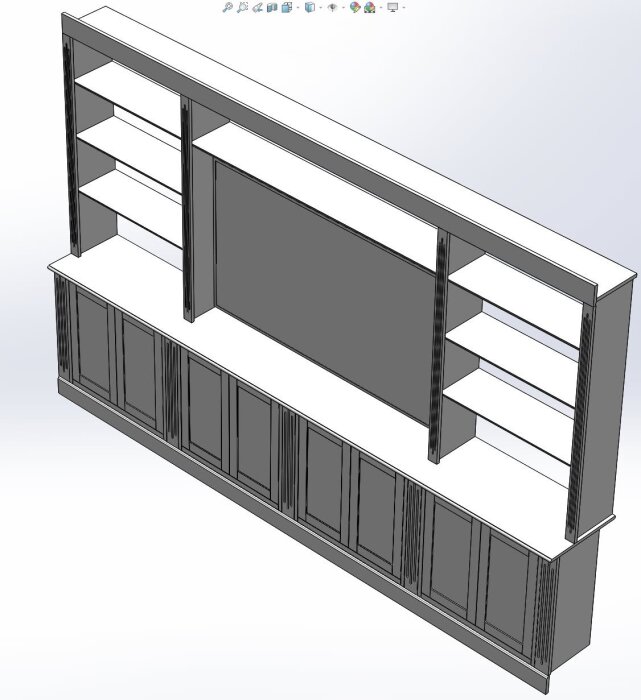 3D-modell av en väggmonterad bokhylla med flera hyllplan och skåp under.