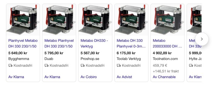 Skärmbild av olika erbjudanden för planhyveln Metabo DH 330 på olika webbutiker och prissättningar.