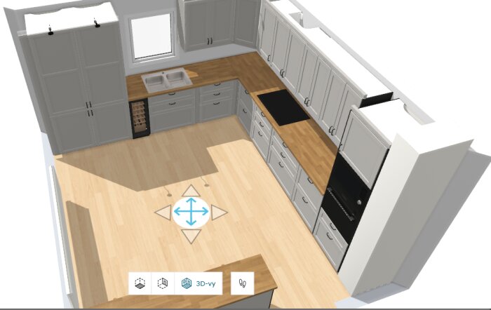 3D-planritning av ett kök med L-formad bänkskiva, diskho, induktionshäll och inbyggd ugn. Diskmaskinen planeras till höger om diskbänken.