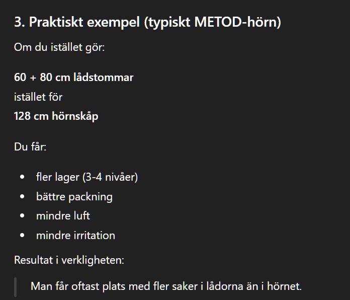 Praktiskt exempel på hur 60+80 cm lådstommar ger fler lager, bättre packning och mindre irritation jämfört med 128 cm hörnskåp.