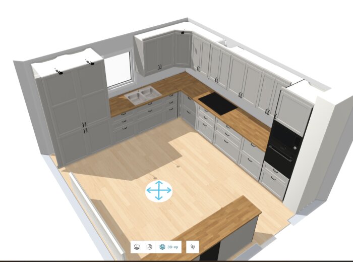 3D-planering av ett kök med grå skåp, träbänkskivor, diskho nära fönster, och inbyggd ugn. Diskmaskinens position justerad.