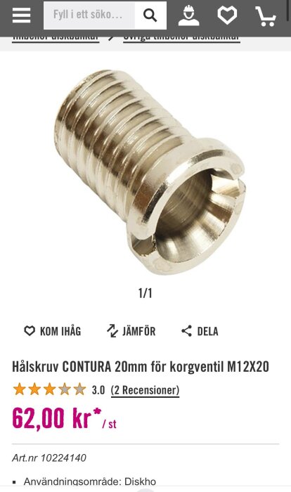 Närbild av en hålskruv Contura 20mm för korgventil M12X20, metallisk och gängad med urholkning i ena änden, visas på en produktsida.