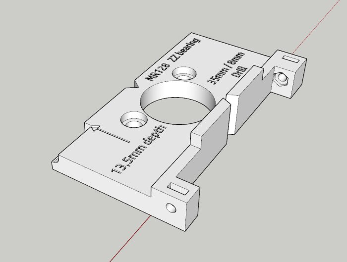 3D-modell av en verktygsmall för handöverfräs. Har märkning 13,5mm djup, kullager och hål för tvingar. Designad för att fräsa 35mm hål.