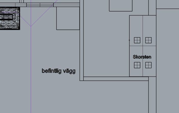 Ritning över köksutrymme med planerad vedspis; visar befintlig vägg och skorsten för renoveringsprojekt.