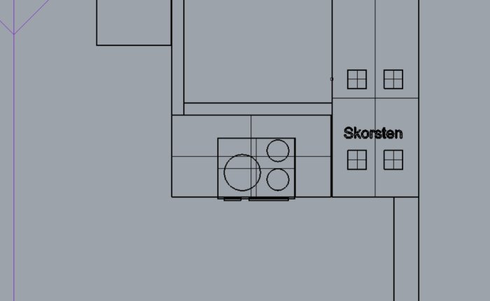 Ritning av ett kök med vedspis, två ringar, en murstock markerad som "skorsten" och väggar.