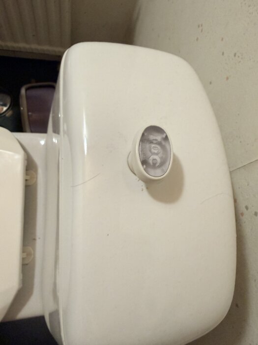 Toalettlock med ovalt vred på en vit cistern, frågor om hur locket öppnas.