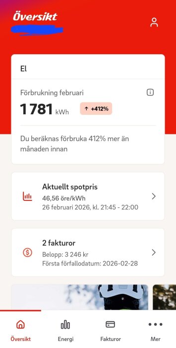 Skärmbild av en energiräkningsapp som visar en elförbrukning på 1781 kWh i februari, en ökning på 412% jämfört med föregående månad.