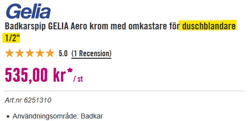 Produktbeskrivning av Gelia Badkarspip Aero i krom med omkastare för duschblandare, kostnad 535,00 kr, fem stjärnor.