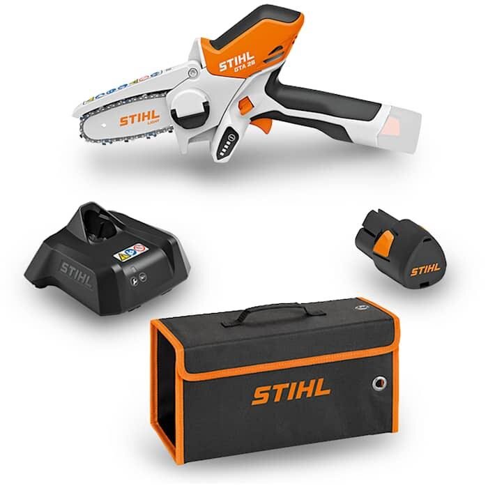 STIHL GTA 26 batteridriven grensåg med batteri, laddare och förvaringsväska, idealisk för trädgårdsarbete och mindre sågjobb.