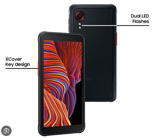 Robust Samsung-smartphone med XCover-design, dubbla LED-blixtar och tåligt yttre, utformad för krävande miljöer och med praktiska funktioner.