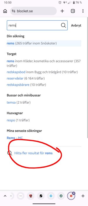 Sökresultat på Blocket för "rems" med flera kategorier och en röd markering vid "Hitta fler resultat för rems" i nederkanten.