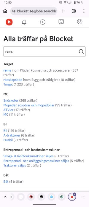 Skärmdump av en sökning på Blocket, visar kategorier och resultat för "rems" under olika sektioner som Torget, MC, Bil och Båt.