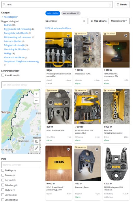 Blocket-listning för REMS-verktyg och tillbehör, inklusive pressverktyg och pressbackar, visas på en webbsida med sökfilter för bygg och trädgård.