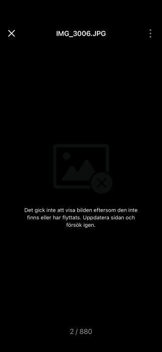 Kan inte visa bild på grund av att den saknas eller har flyttats, meddelande på en svart bakgrund, och bildikonen med ett kryss.
