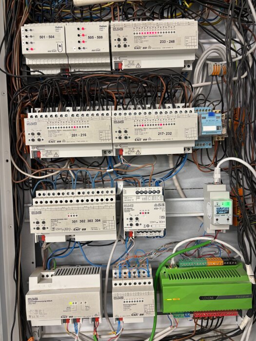 Elskåp med flera KNX-moduler, kablar och styrsystem, inklusive en grön Loxone Miniserver, för avancerad hemautomatisering.
